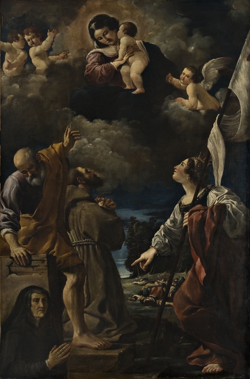 La Madonna col Bambino appare a San Pietro, San Francesco d'Assisi, Sant'Orsola e la committente