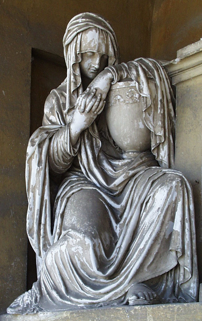 figura femminile allegorica seduta con capo coperto ed in mano urna cineraria (statua), Vannini Vincenzo (1817)