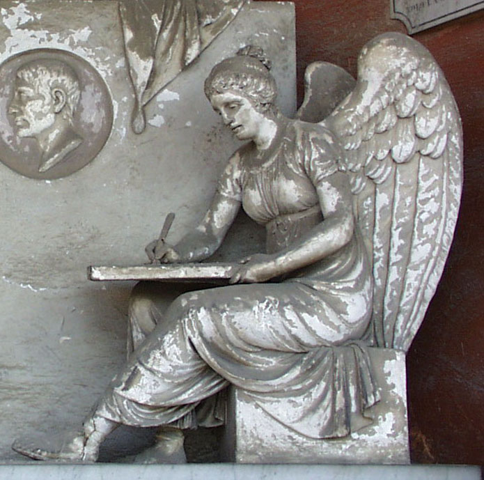 statua allegorica femminile alata e seduta, in atto di scrivere su una tavoletta con uno stilo (statua), Giungi Innocenzo (1817)