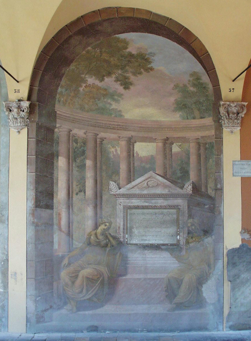 ambiente aperto con colonnato ellitticocon al centro un sarcofago davanti al quale sono figure allegoriche femminili sedute (dipinto murale), Muzzarelli Giuseppe (1813)