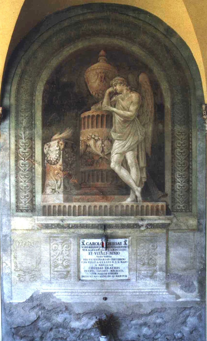 architettura funebre con nicchia in cui è inserito un cippo che sostiene un'urna cineraria, ai lati  genio funebre e fiaccola (dipinto murale), Pedrini Filippo (1815)