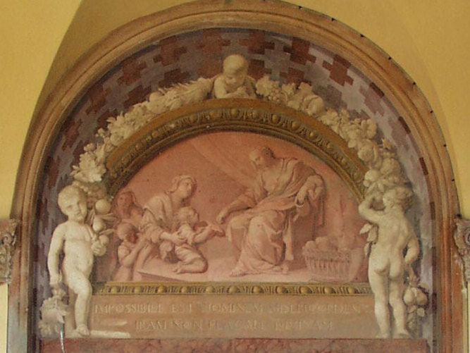 volta in prospettiva con tre putti reggifestone e scena allegorica nella lunetta raffigurante Misericordia che distribuisce i suoi doni (dipinto murale), Fancelli Giuseppe (1815)