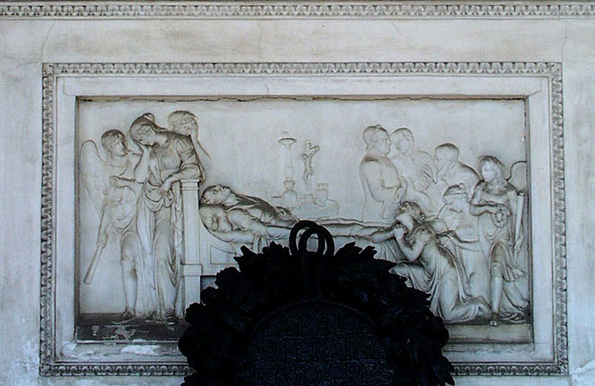 defunto morente sul letto circondato da un gruppo di familiari disperati, figure allegoriche femminili e geni funebri (rilievo), De Maria Giacomo (1819)