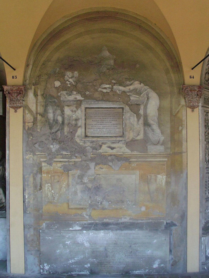 sarcofago con ai lati genio funebre e donna piangente e alla sommità urna cineraria (dipinto murale), Basoli Francesco (1818) 