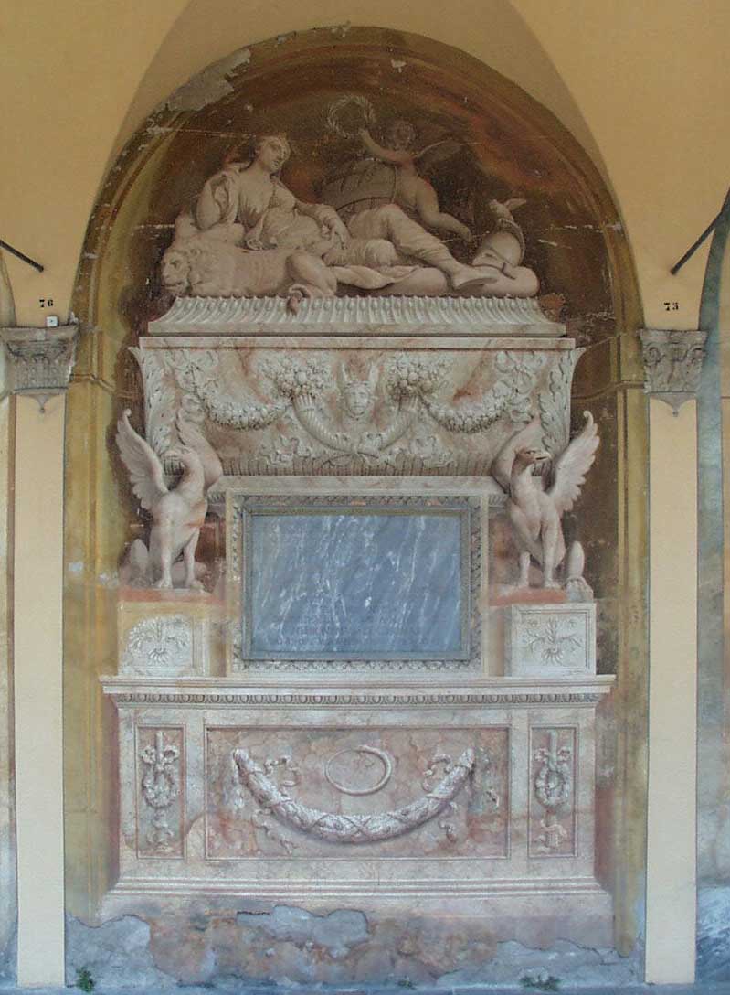 monumento funebre con sarcofago, grifoni e rappresentazione allegorica di Felsina (dipinto murale), Fancelli Pietro (1810)