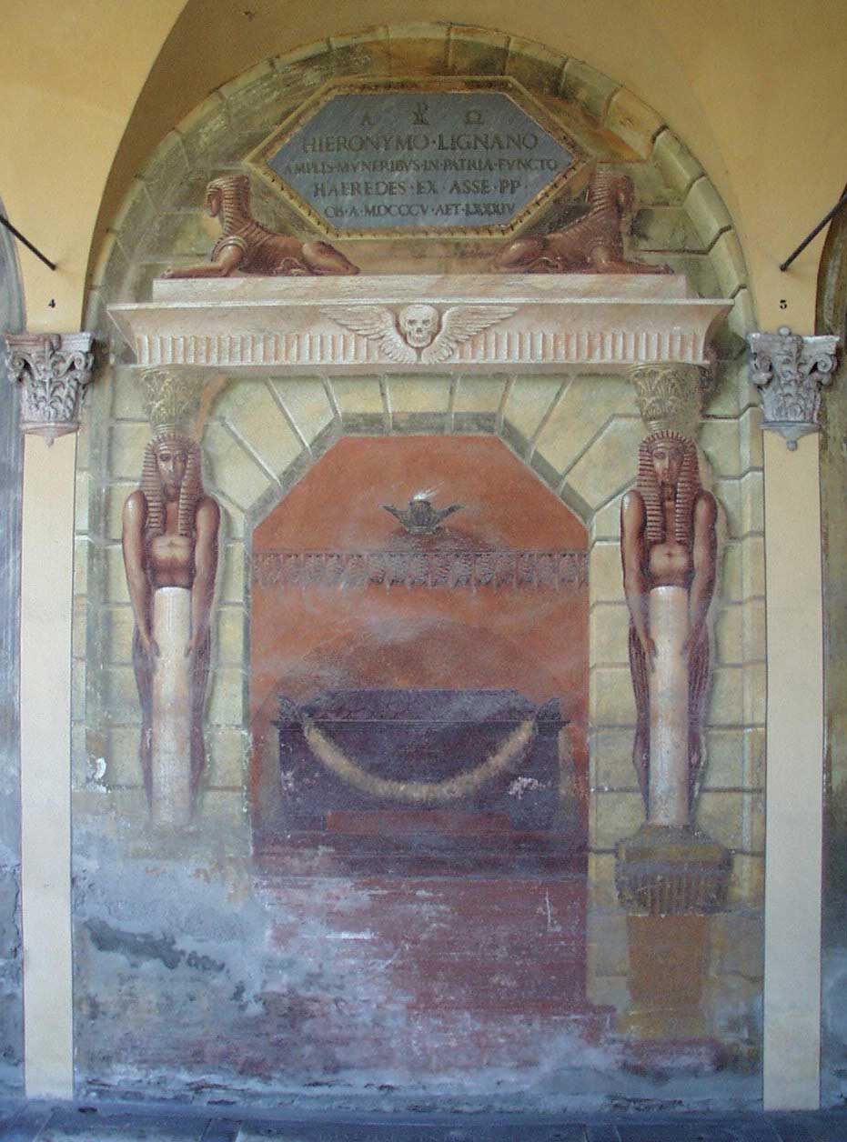 finta architettura dipinta con telamoni, sfingi e altri soggetti egizi (dipinto murale), Tadolini Francesco (1805)