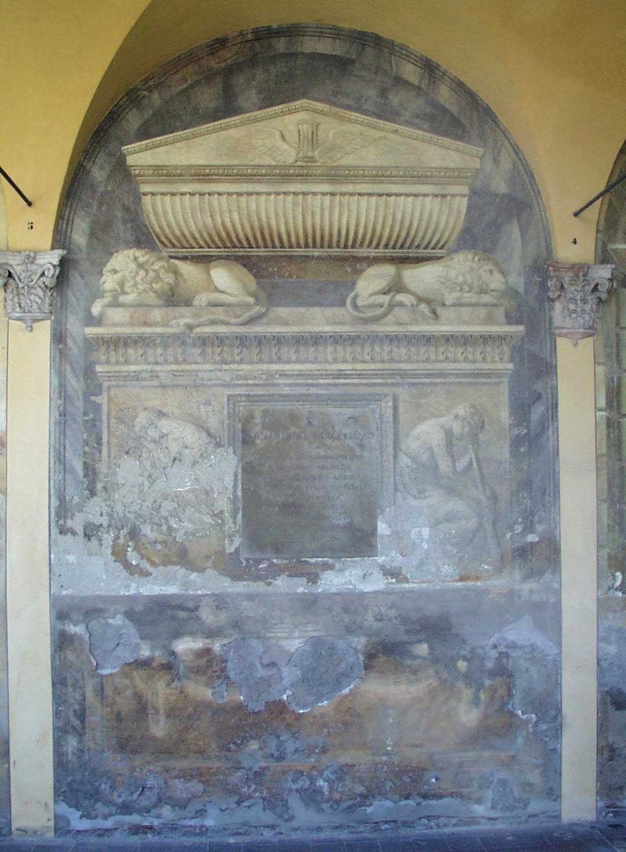 sarcofago poggiante su leoni e geni funebri piangenti (dipinto murale), Fancelli Pietro (1804)