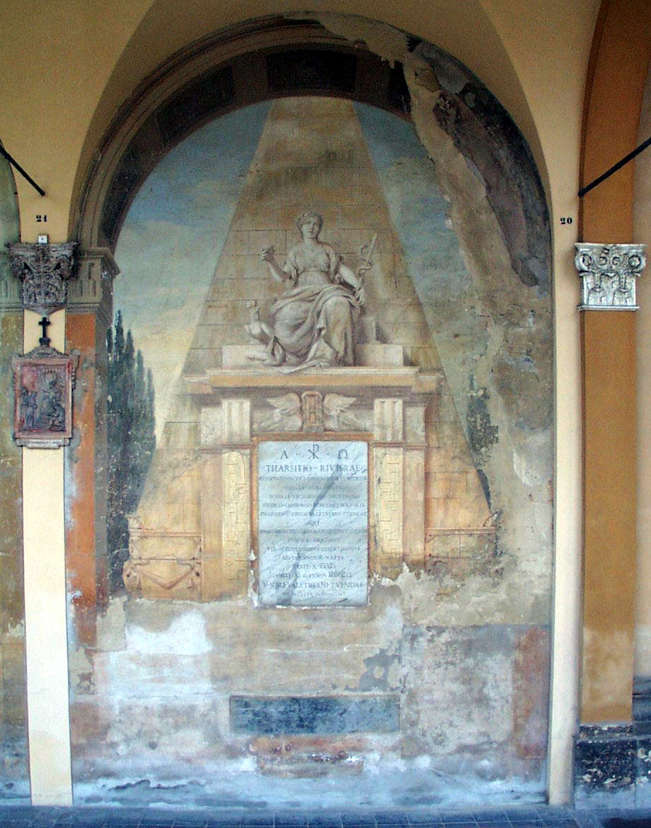 figura allegorica della Medicina seduta sopra l'ingresso di un monumento funebre a forma di piramide (dipinto murale), Minozzi Flaminio (1801)