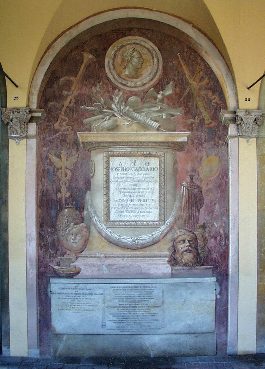 cippo funebre con profilo del defunto entro tondo e oggetti simbolici (dipinto murale), Fancelli Pietro (1802)