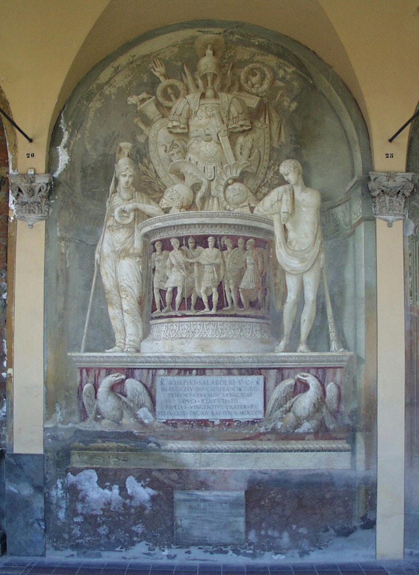 cippo funebre con decorazioni all'antica, figure allegoriche e trionfo di armi (dipinto murale), Tadolini Francesco (1805)