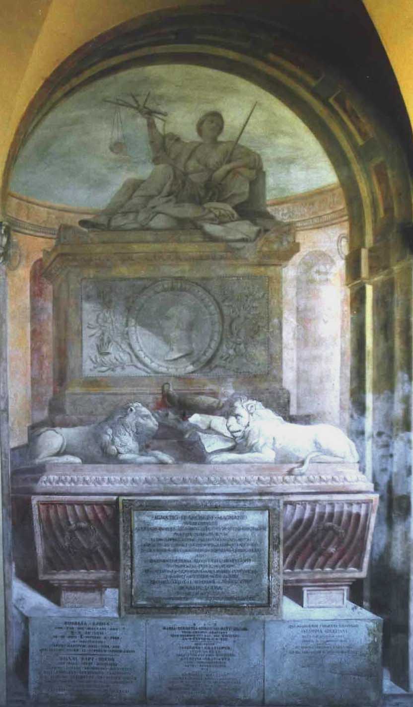 figura allegorica della Giustizia seduta sulla sommità di un monumento sepolcrale con leoni affrontati (dipinto murale), Fancelli Pietro (1809)