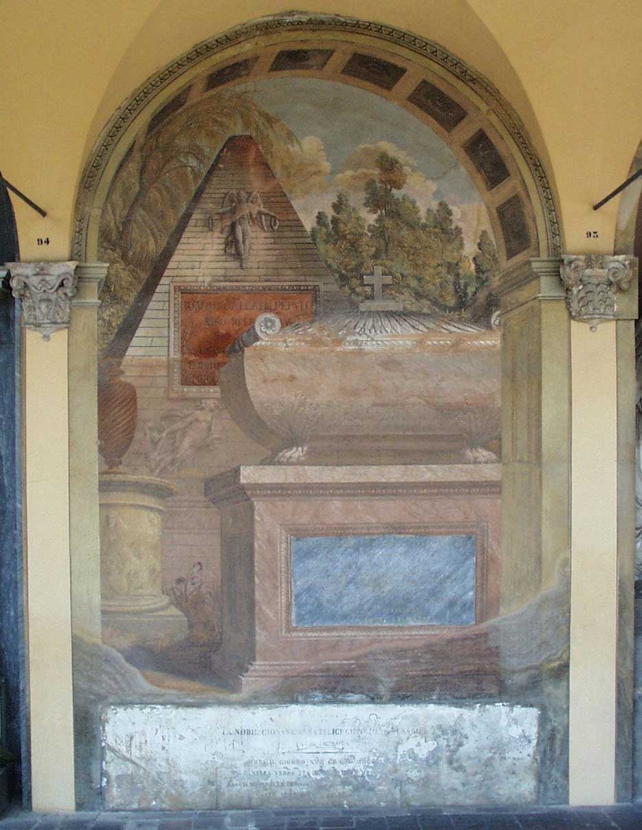 sarcofago, urna, piramide in  ambiente boschivo (dipinto murale), Basoli Francesco (1806-1812) 