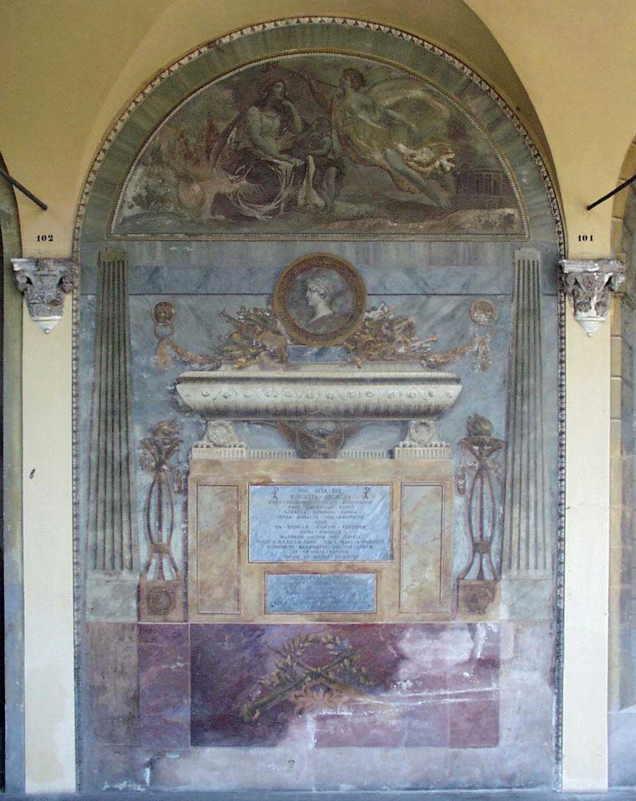 sarcofago con medaglione e scena allegorica con angelo,  genio e figura allegorica della Musica (dipinto murale), Gibelli Luigi (1813)