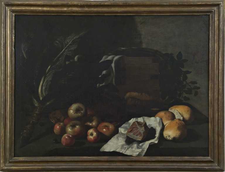 natura morta con ortaggi, frutta e trancio di tonno (dipinto), Ruoppolo Giovanni Battista (1661)