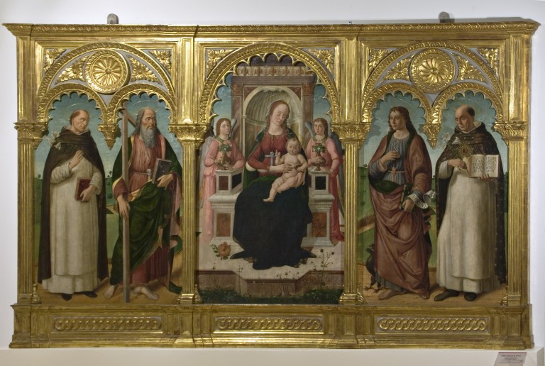 Madonna con Bambino; San Domenico e Sant'Andrea; San Giovanni Evangelista e San Tommaso d'Aquino (trittico), Biagio d'Antonio Tucci (1483)