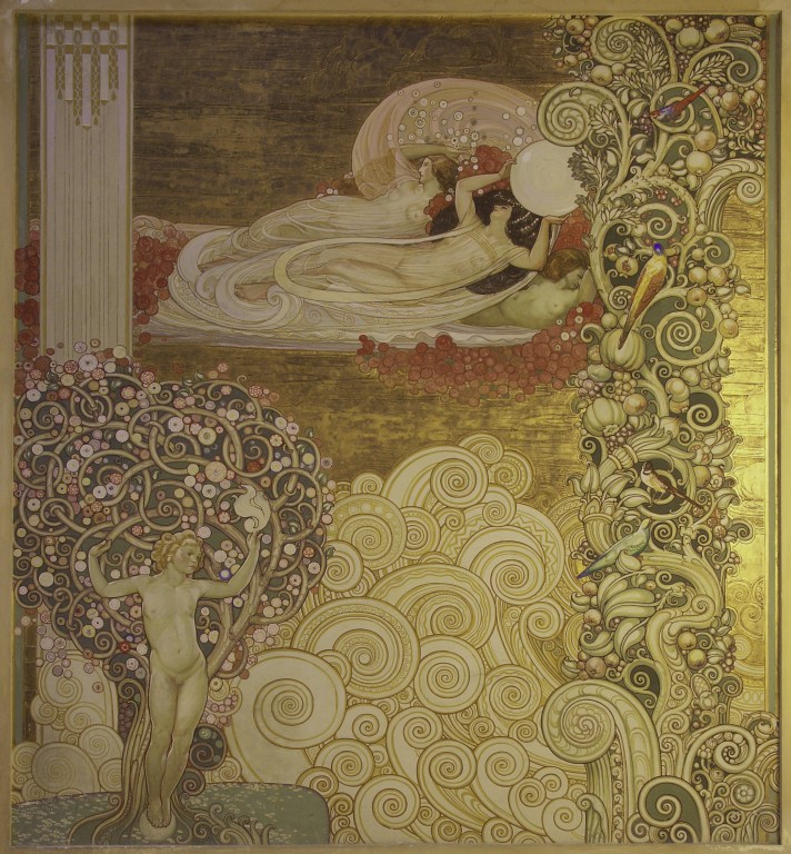 figure femminili fluttuanti sull'acqua, figure maschili con cesti di frutta, fiori e uccelli (decorazione dipinta), Chini Galileo (1922)