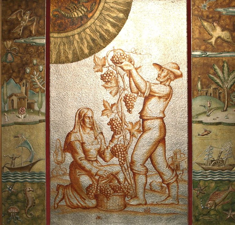 vendemmia; segno zodiacale dello scorpione; paesaggi; marine (pannello decorativo), Chini Tito (1937-1938)