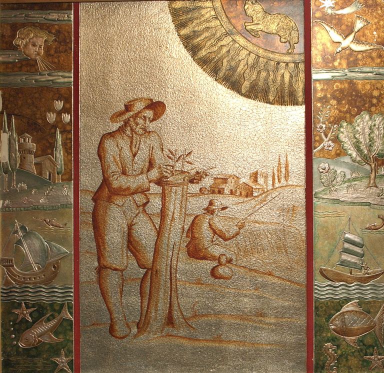 innesto e pesca; segno zodiacale dell'ariete; paesaggi; marine (pannello decorativo), Chini Tito (1937-1938)