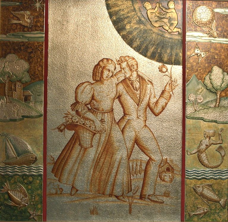 innamorati abbracciati; segno zodiacale dei gemelli; paesaggi; marine (pannello decorativo), Chini Tito (1937-1938)