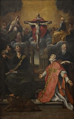 La SS.ma Trinità con la Vergine e San Giuseppe appare a San Marco, San Filippo Neri, Sant'Antonio Abate e San Francesco d'Assisi